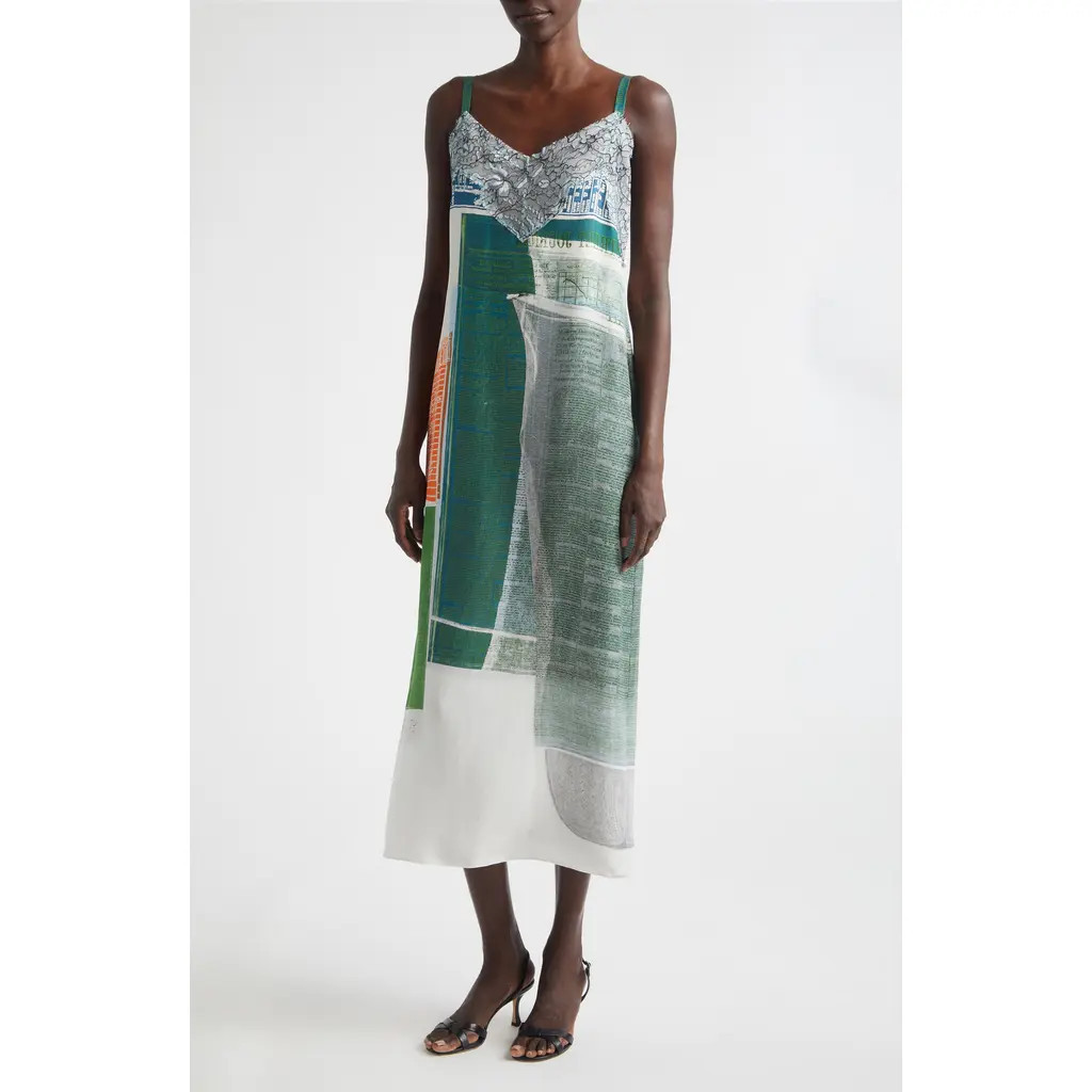 Jason Wu Collection Collage Print Lace Trim Silk Midi Dress in Blue Green Multi at Nordstrom, Size 2 | Nordstrom