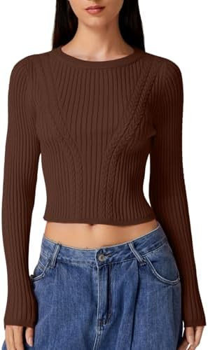 QINSEN Womens Cable Knit Crewneck Sweaters Ribbed Hem Slim Fit Long Sleeve Pullover Crop Tops | Amazon (US)