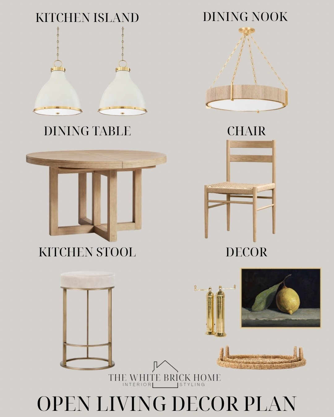 A beautiful mixture of brass and oak - a perfect balance of warmth and texture for this open floor plan. 
🖤🖤
Kitchen, kitchen decor, kitchen ideas, kitchen table, dining table, round table, counter stools, kitchen dining furniture, pendant, pendant light, chandelier, kitchen island lighting, lighting, kitchen decor, stool, chair, dining chair, dining room furniture, home decor, home design, kitchen lighting, dining room light, wayfair, pottery barn, McGee and co 


#LTKHome #LTKSeasonal #LTKSaleAlert