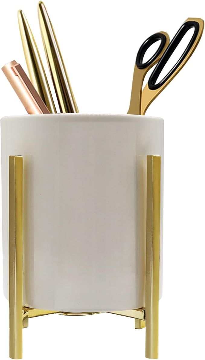 SIEBOLD Gold pencil cup Sturdy metal frame with white ceramic pen holder For desks and kitchen appli | Amazon (US)