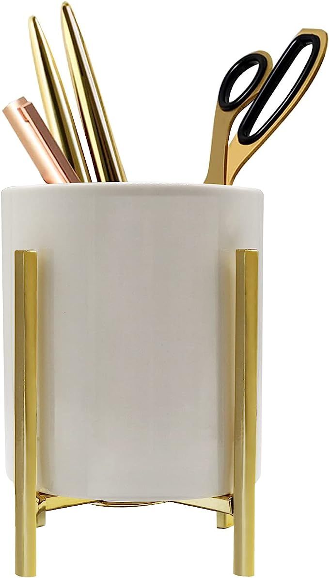 SIEBOLD Gold pencil cup Sturdy metal frame with white ceramic pen holder For desks and kitchen ap... | Amazon (US)