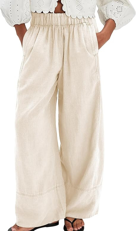 Linen Pants for Women Cotton Baggy Boho Casual Palazzo Pants Wide Leg Long Lounge Trousers with P... | Amazon (US)