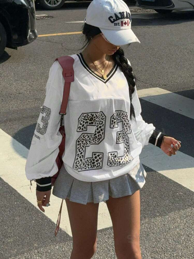 SHEIN Muchic Women's Satin & Mesh V-Neck Long Sleeve T-Shirt With Leopard Print Number, For Autum... | SHEIN