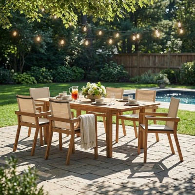 Christopher Knight Home Greii Modern 7 Piece Patio Acacia Dining Set with Expandable Slatted Table and Textile Design, Teak/Beige | Target