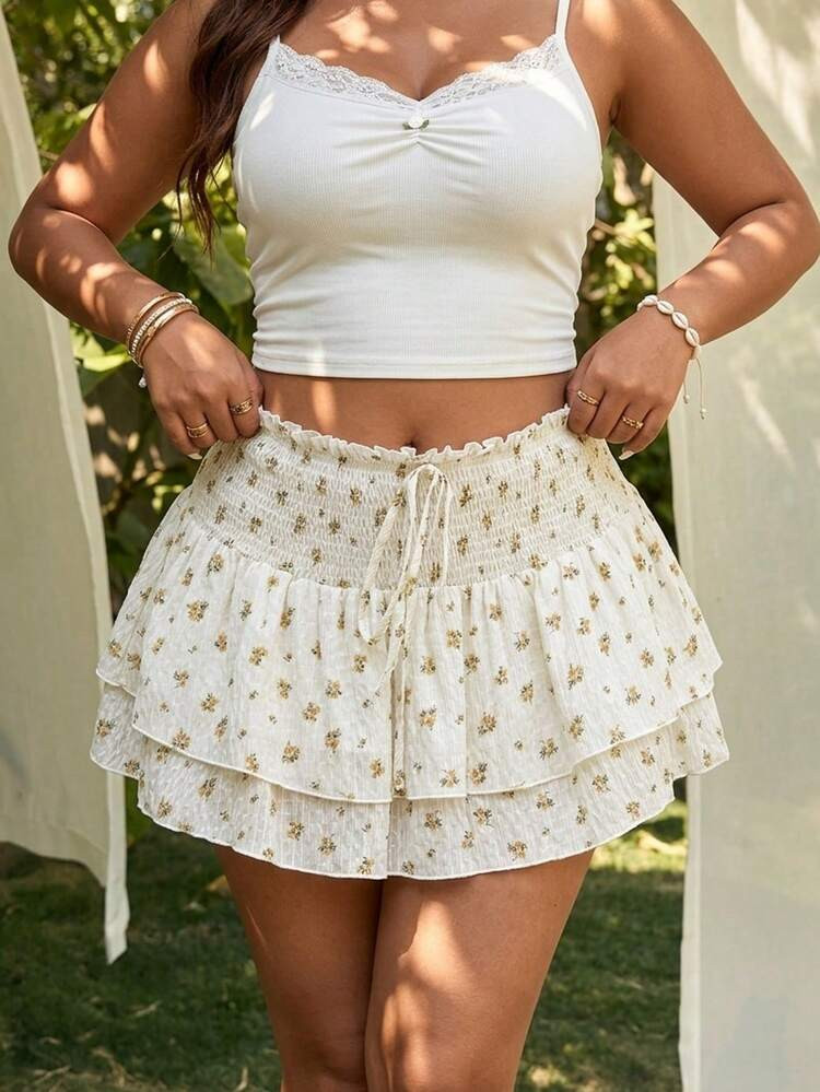 Sunnyshic Summer French Romantic Layered Floral Mini Skirt, Elastic Waist Tie Design Slimming | SHEIN