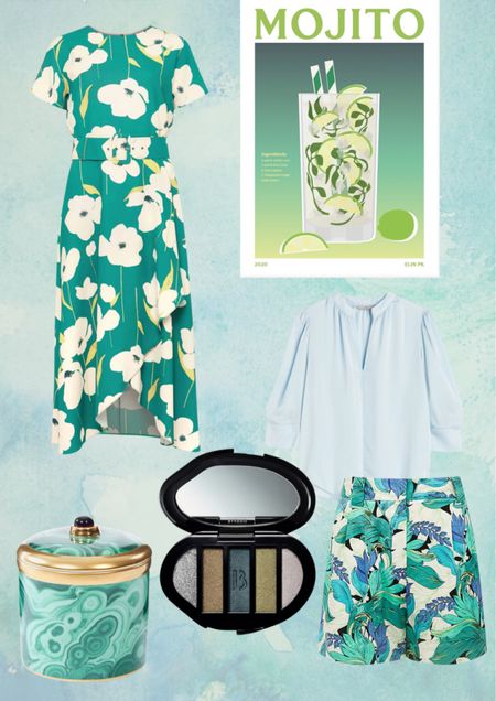 Items in teals and greens with prints such as florals and palms. Perfect for summer. BYREDO eyeshadow palette 