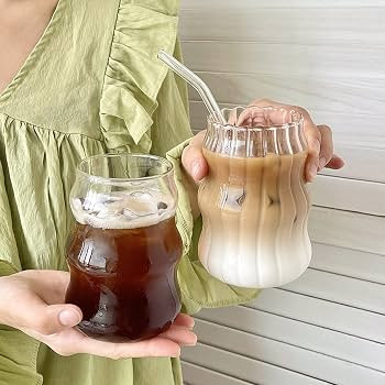 Maritown 2 Pcs Ribbed Glassware Drinking Glasses with Straws, 18oz Ripple Glass Cups, Iced Coffee... | Amazon (US)
