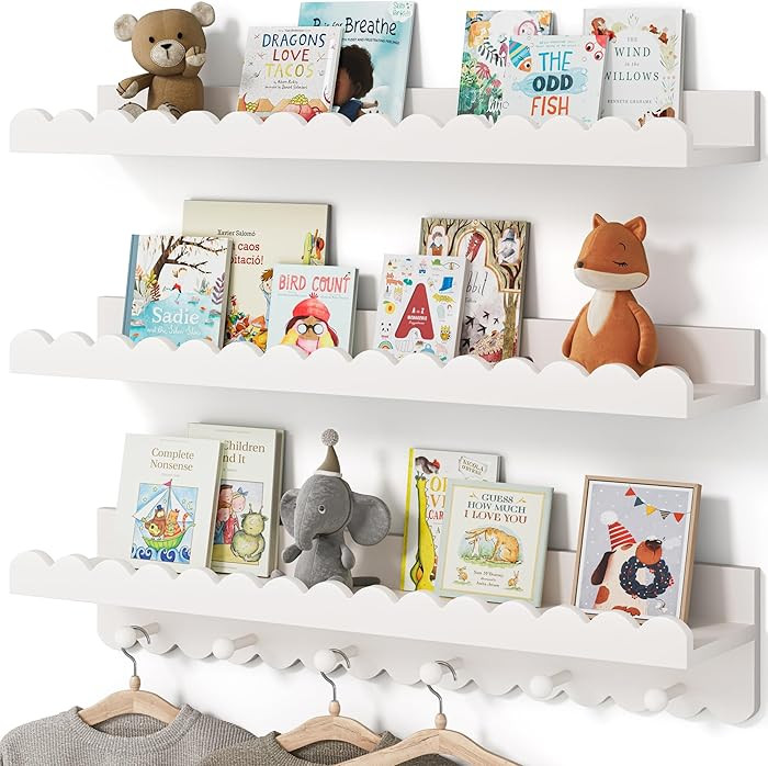 G&W Gruwald Nursery Book Shelves, Scalloped Shelves with Coat Hooks, Set of 3, Nursey Decor | Amazon (US)