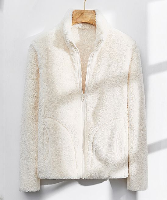 CELLABIE Women's Non-Denim Casual Jackets White - Off-White Curved-Pocket Fuzzy Zip-Up Jacket | Zulily