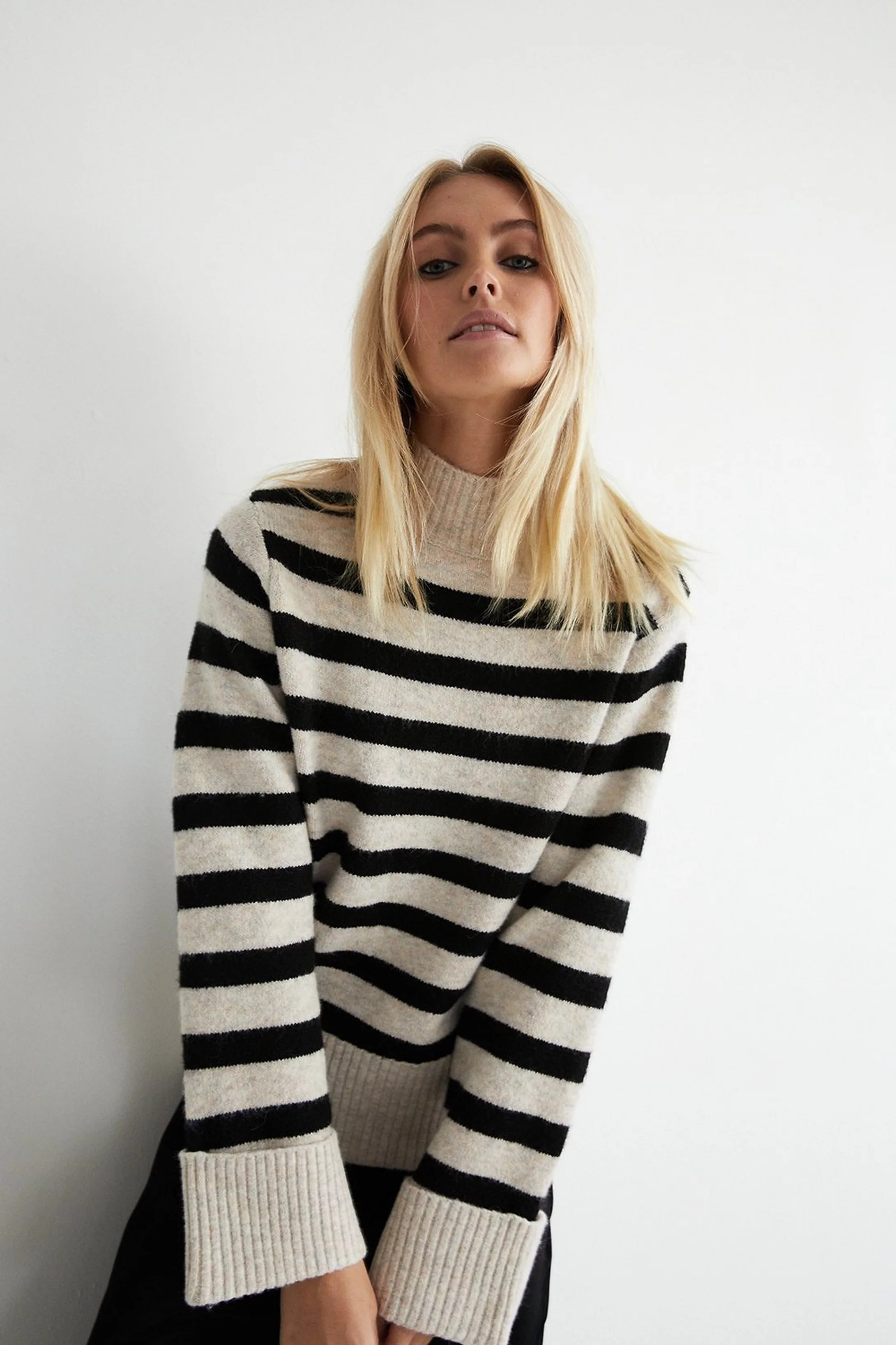 Stripe Funnel Turn Back Cuff Knit Jumper | Warehouse UK & IE