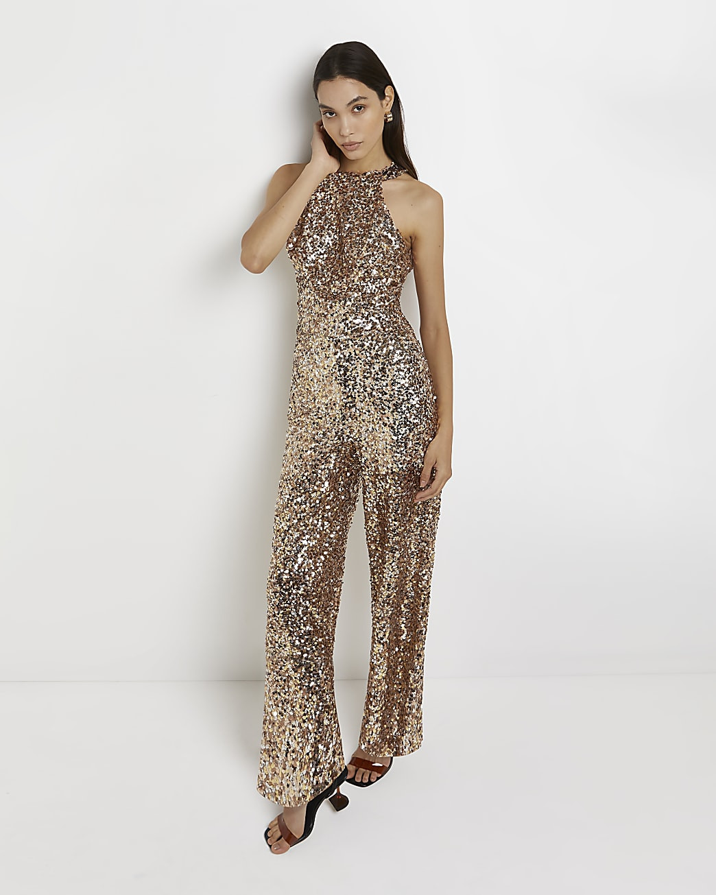 Gold sequin halter neck jumpsuit | River Island (UK & IE)