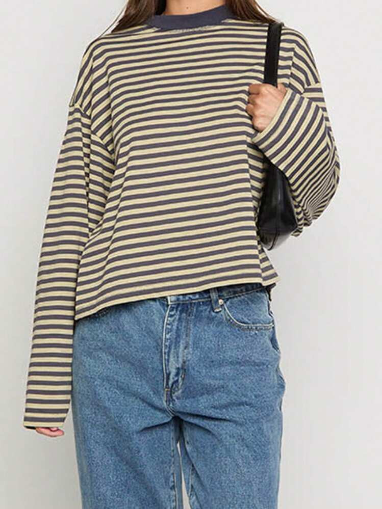 Women T-Shirt, Long Sleeve Crew Neck Loose Ladies Fall Casual Striped Top Streetwear | SHEIN
