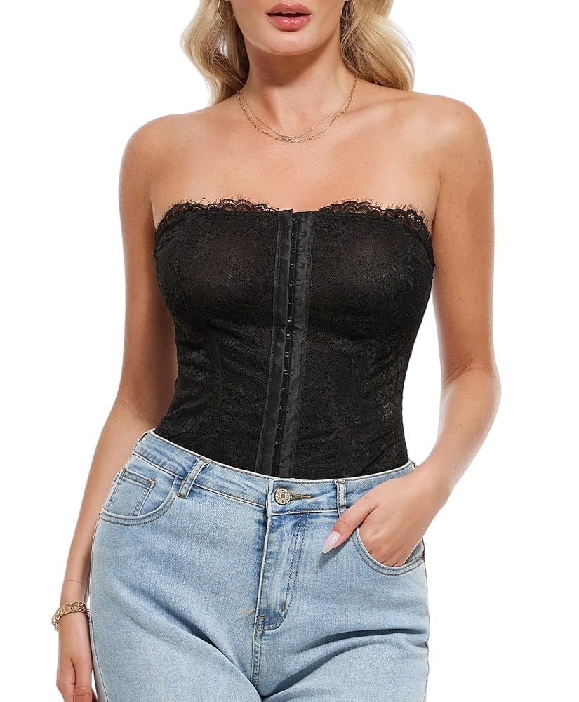 Popilush Corset Tops for Women - Lace Spaghetti Strap Going Out Bustier with Buckle Waist Shaper ... | Amazon (US)