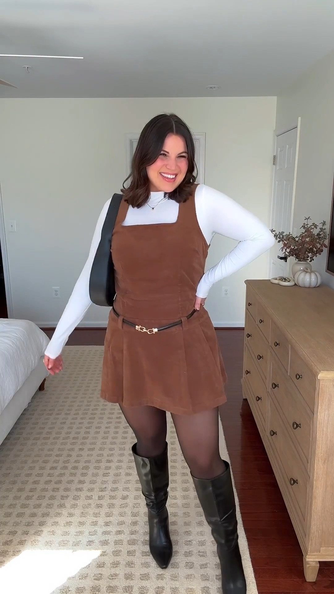 Midsize Thanksgiving outfit! 

Tights - xl
Bodysuit - xl (added exact + similar style I love) *exact you can save with code KELLYELIZXSPANX 
Dress - xl *sized up for length 
Boots - 10 *wider calf friendly + affordable 

#LTKTall #LTKMidsize #LTKSeasonal