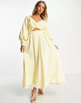 ASOS EDITION wrap bodice midi dress with full skirt in lemon | ASOS (Global)
