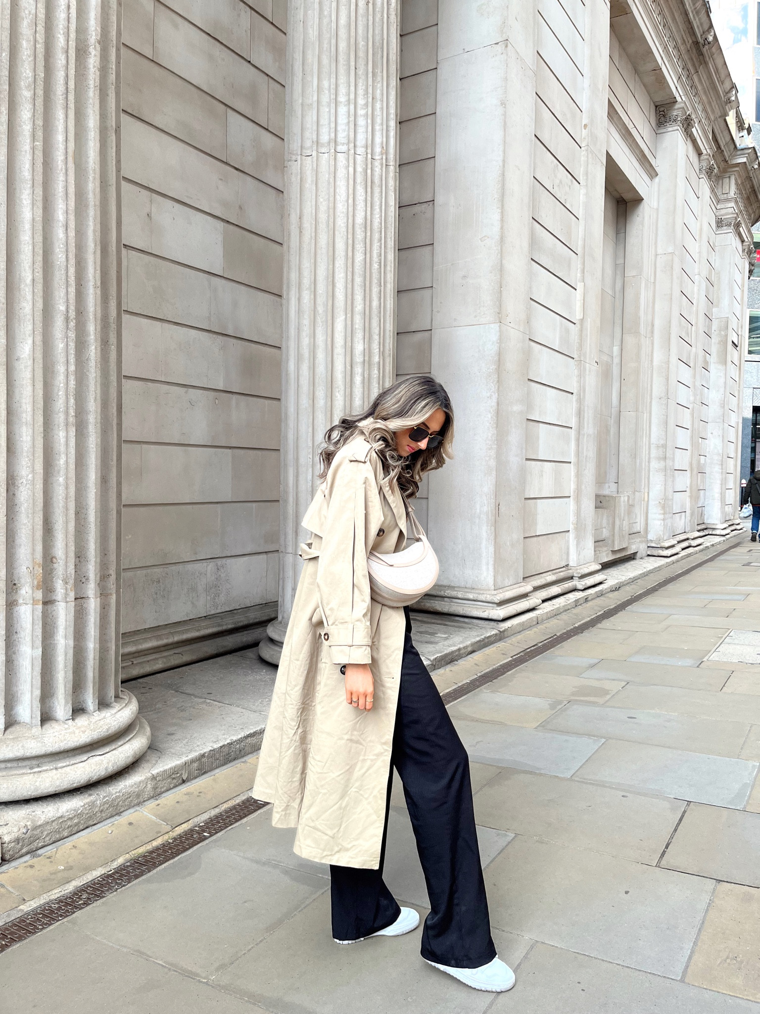 Trench coat styling, oversized trench coat, black wide leg trousers, new balance, black top. 

#LTKfit #LTKeurope #LTKstyletip