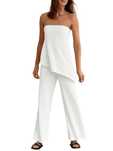Tankaneo Womens 2 Piece Outfits Asymmetrical Tube Top Wide Leg Pants Knit Vacation Travel 2026 Matching Lounge Sets | Amazon (US)