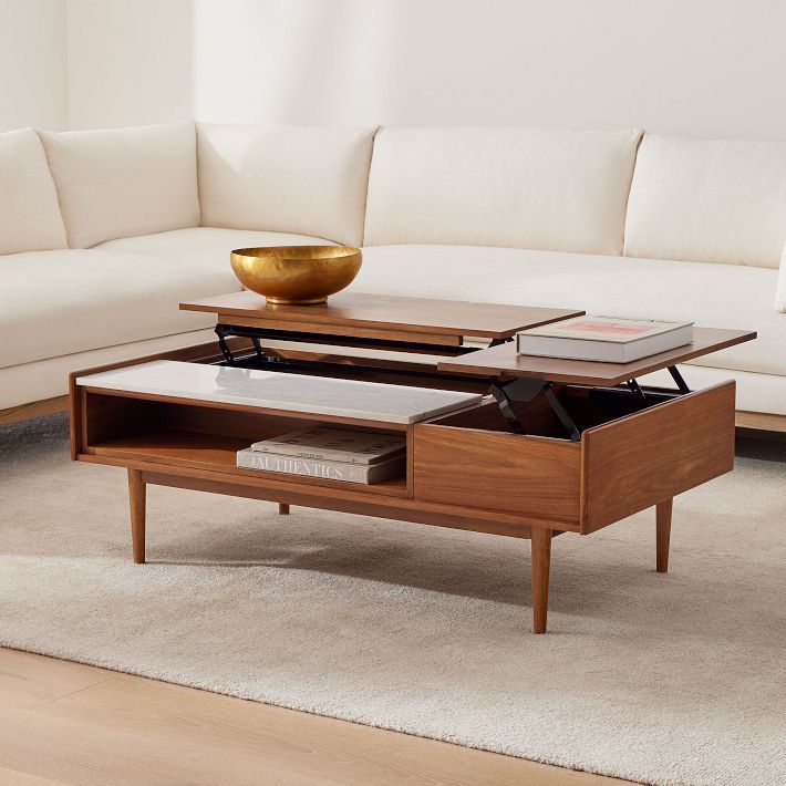 Mid-Century Double Pop-Up Coffee Table - Walnut/White Marble | West Elm (US)
