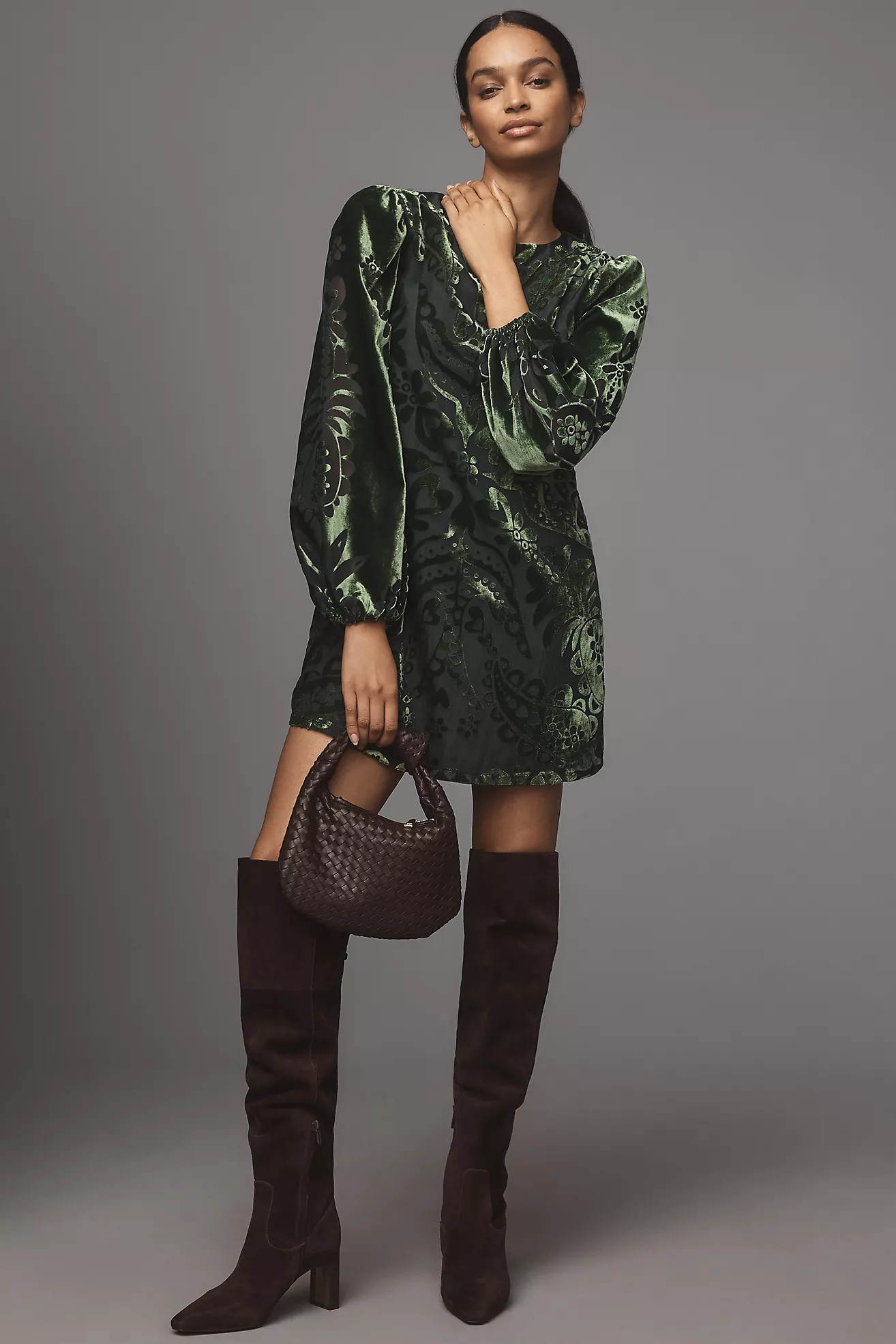 Farm Rio x Anthropologie Long-Sleeve Burnout Velvet Mini Dress | Anthropologie (US)