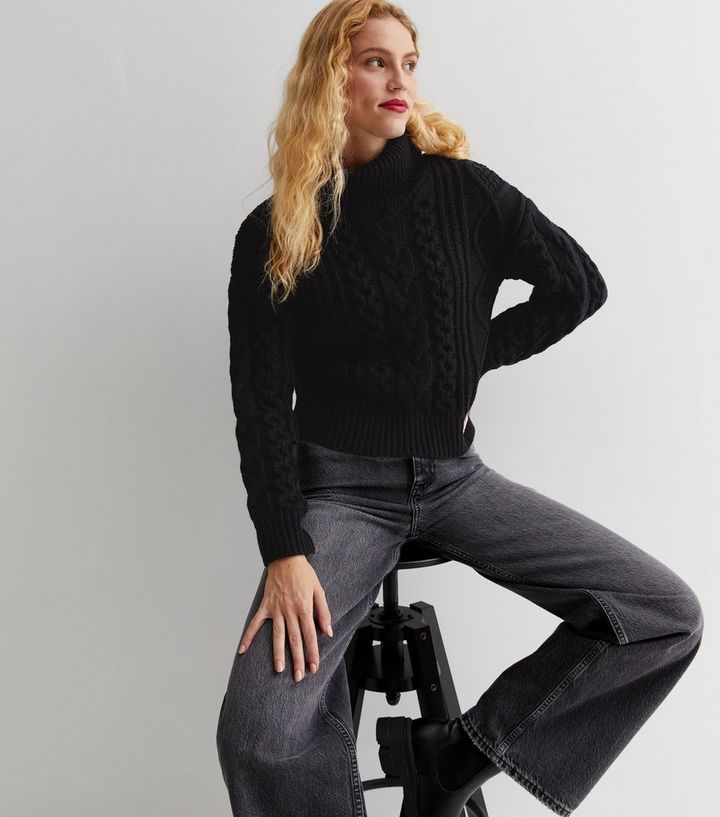 Black Cable Knit Roll Neck Jumper | New Look | New Look (UK)