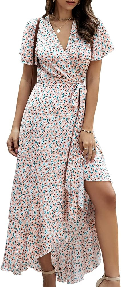 Womens Cotton Ture Wrap Ruffle High Low Long Sundress Flowy Casual Beach Summer Short Sleeve Maxi... | Amazon (US)