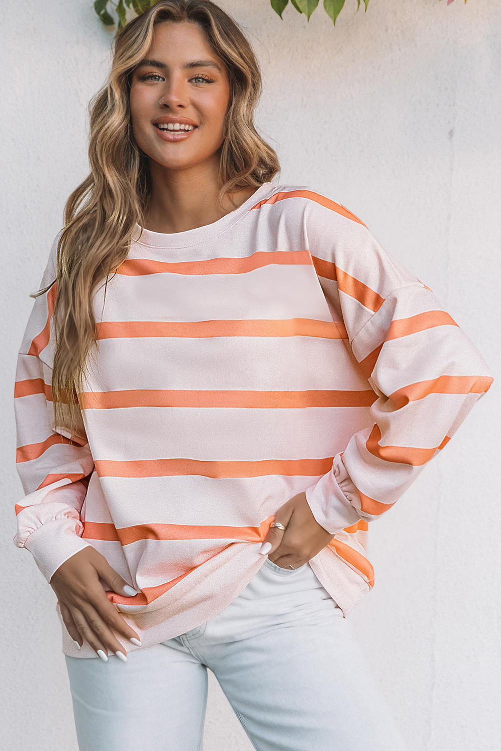 Orange Striped Colorblock Drop Shoulder Pullover Sweatshirt | Shewin