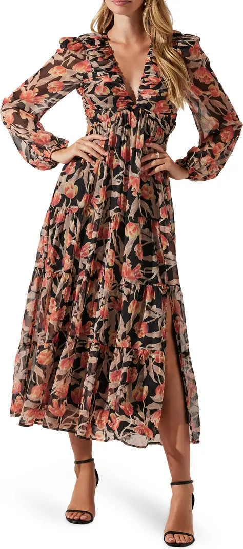 Floral Print Lace-Up Back Long Sleeve Tiered Maxi Dress | Nordstrom