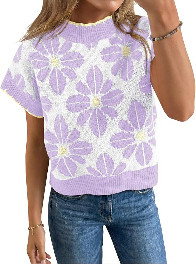 Saodimallsu Womens Floral Sweater Tops Short Sleeve Vintage Crew Neck Loose Knit Summer Pullover ... | Amazon (US)