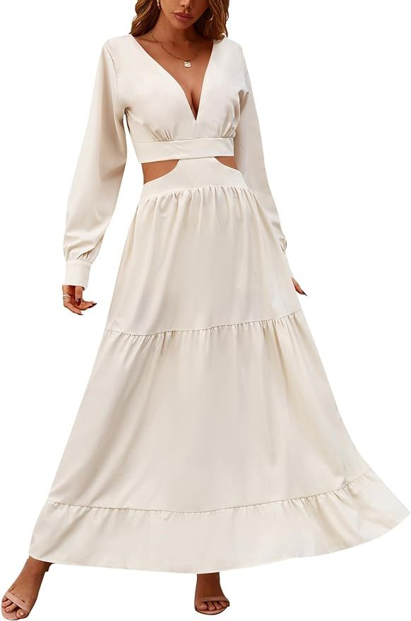 LYANER Women's Print Deep V Neck Puff Long Sleeve Cut Out Side Flowy Long Dress | Amazon (US)