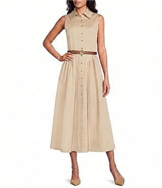 Anne Klein Sleeveless Drop Waist Belted Shirt Dress -  4 | Dillard's