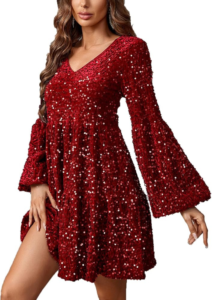 Women’s V-Neck Sequin Dress Lantern Sleeve Velvet Ruffle Hem Dress | Amazon (US)