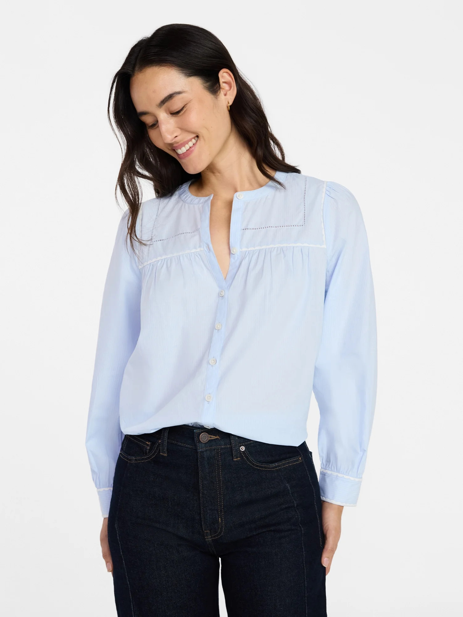 Time and Tru Women's Embroidered Cotton Button Front Shirt with Long Sleeves, Sizes XS-XXXL | Walmart (US)