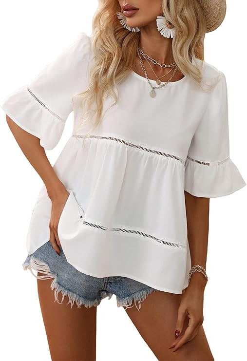 Floerns Women's Guipure Lace Flounce Half Sleeve Crew Neck Ruffle Hem Blouse Tops | Amazon (US)