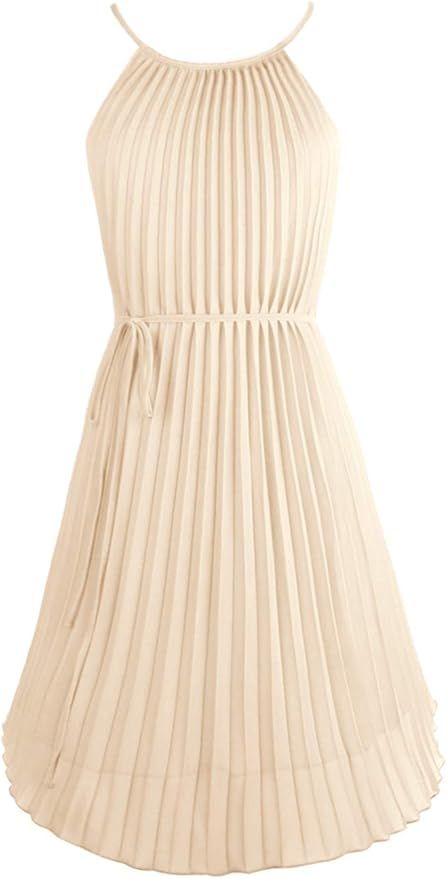 Ellames Women's Summer Spaghetti Strap Pleated Casual Swing Midi Dress with Belt | Amazon (US)