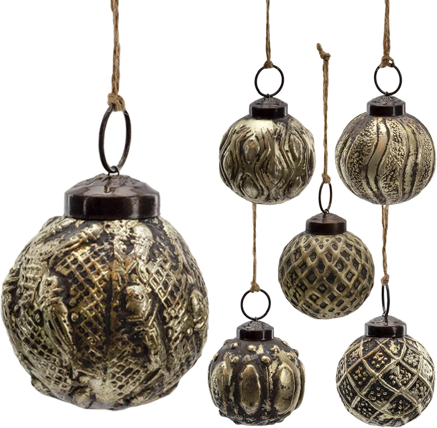 AuldHome Design Farmhouse Ball Ornaments (Set of 6, 2", Antique Gold); Distressed Metal Tin Glass Ball Vintage Style Christmas Decorations | Amazon (US)