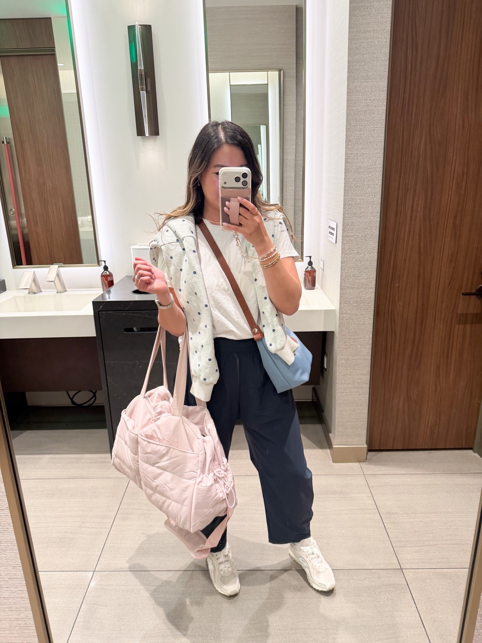 Travel Outfit 
Tee: Medium
Barrel Pants: Small
New Balance Sneakers
Amazon Travel Bags