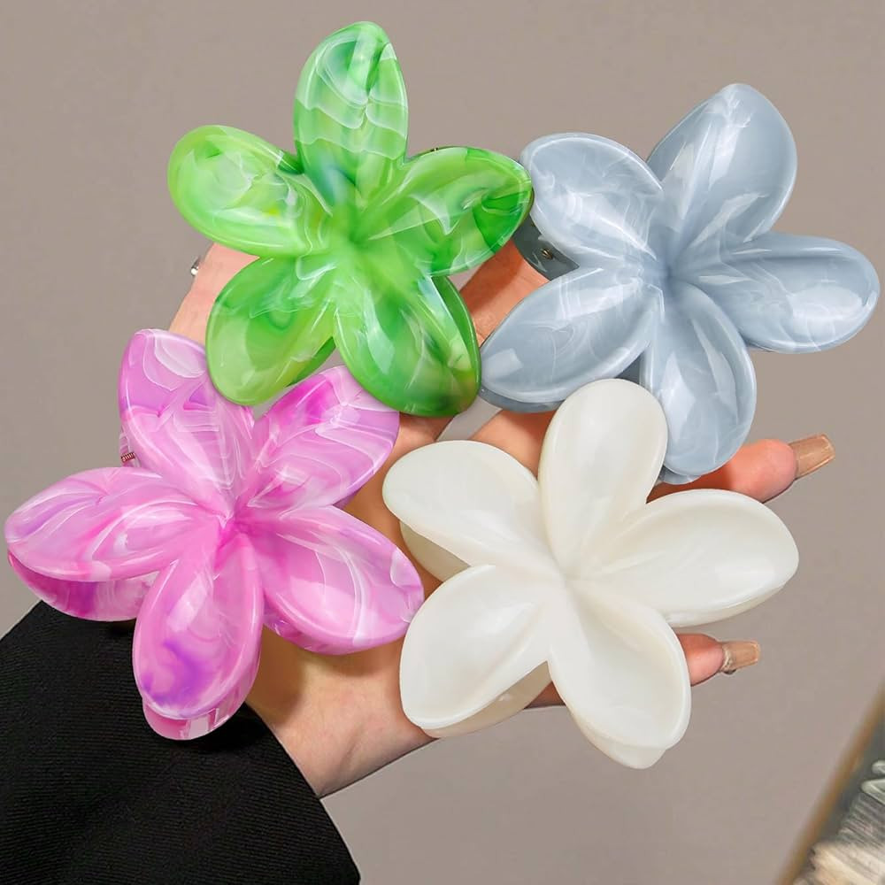 Large Hawaiian Flower Hair Claw Clips for Women, 4Pcs Tropical Plumeria Hair Clips for Thick and ... | Amazon (US)
