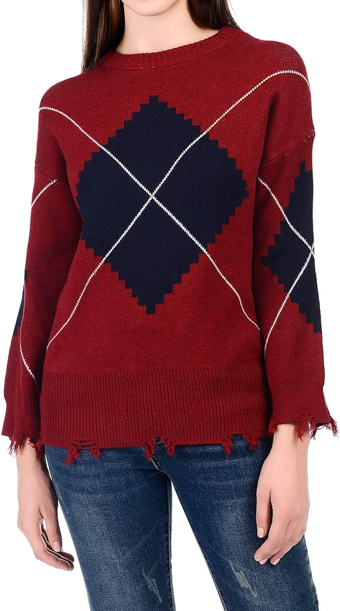 AOO Women Sweater Plaid Print Tassel Pullover Sweater Long Wide Sleeve Crew Neck Casual | Amazon (US)