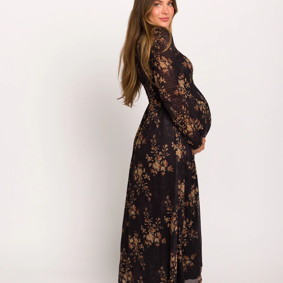 Honor Floral Smocked Woven Maxi Dress in Black - Bump Friendly | Worth Collective