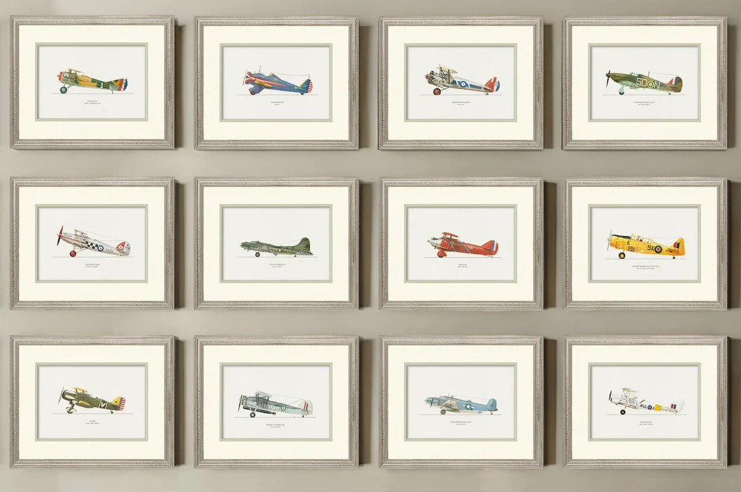 Vintage Framed Airplane Art Prints for Nursery & Boys Room Set of 12 Hand-drawn Watercolor Art Pr... | Etsy (US)