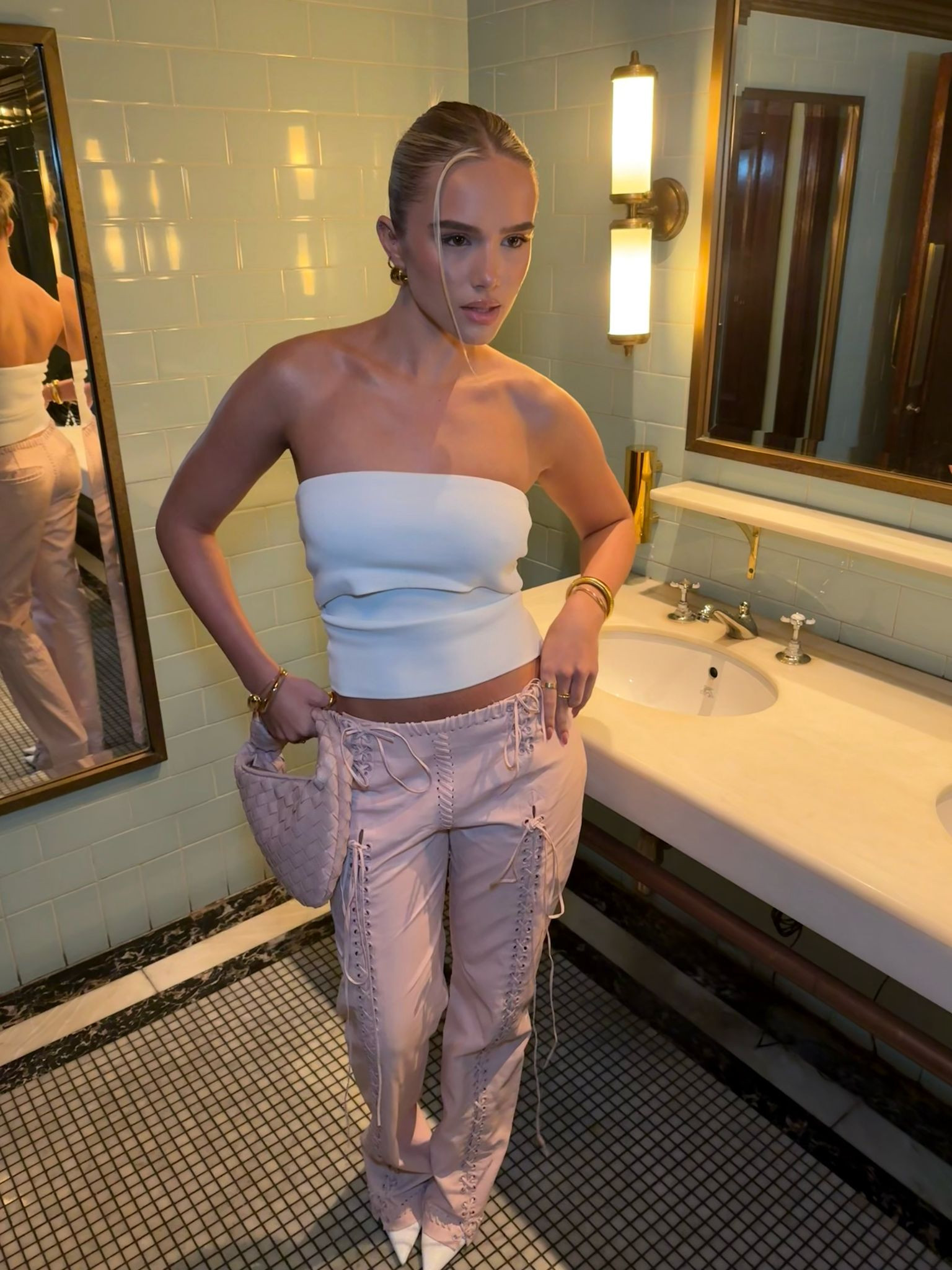 Spring Outfit Idea, Night Out Outfit, Bandeau Top, Pink Jeans, PLT, Heels in White, Bottega Bag 

 #LTKuk #LTKspring #LTKstyletip