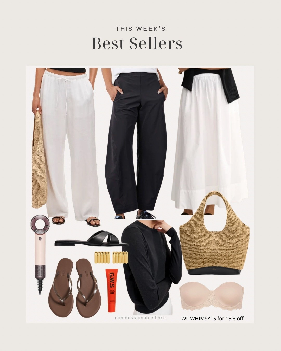 This week’s bestsellers! Ruti pants, poplin midi skirts summer sandals; raffia tote, travel hair dryer; linen pants; lightweight sweater; strapless bra and earrings

#LTKSeasonal