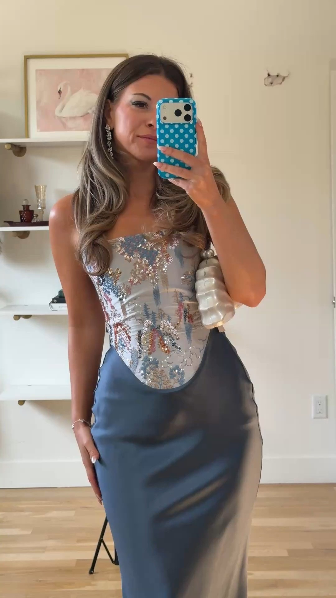 strapless gown with a floral sequin corset bodice and a slate blue satin skirt wedding guest dress for fall and winter 🍂 

revolve code: tulip
electric picks: emerson20 

I'm 5'4 and sized down to xs/0

Fall wedding guest dresses, wedding guest dresses, cocktail dresses, semi-formal dresses, black tie wedding guest dresses, destination wedding guest dresses, garden party dresses, wedding guest outfit ideas
