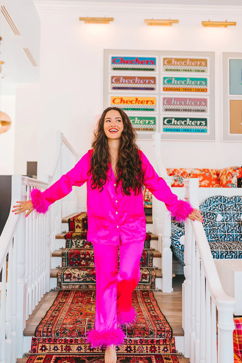 BuddyLove | Danica Feather Trim Pajama Set | Hot Pink | BuddyLove