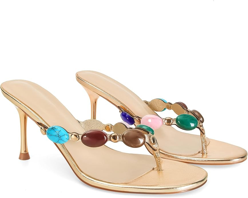 Jeweled Flip Flop Kitten Heels for Women Open Toe Beaded Strappy High Heels Sandals Slip On Thong... | Amazon (US)