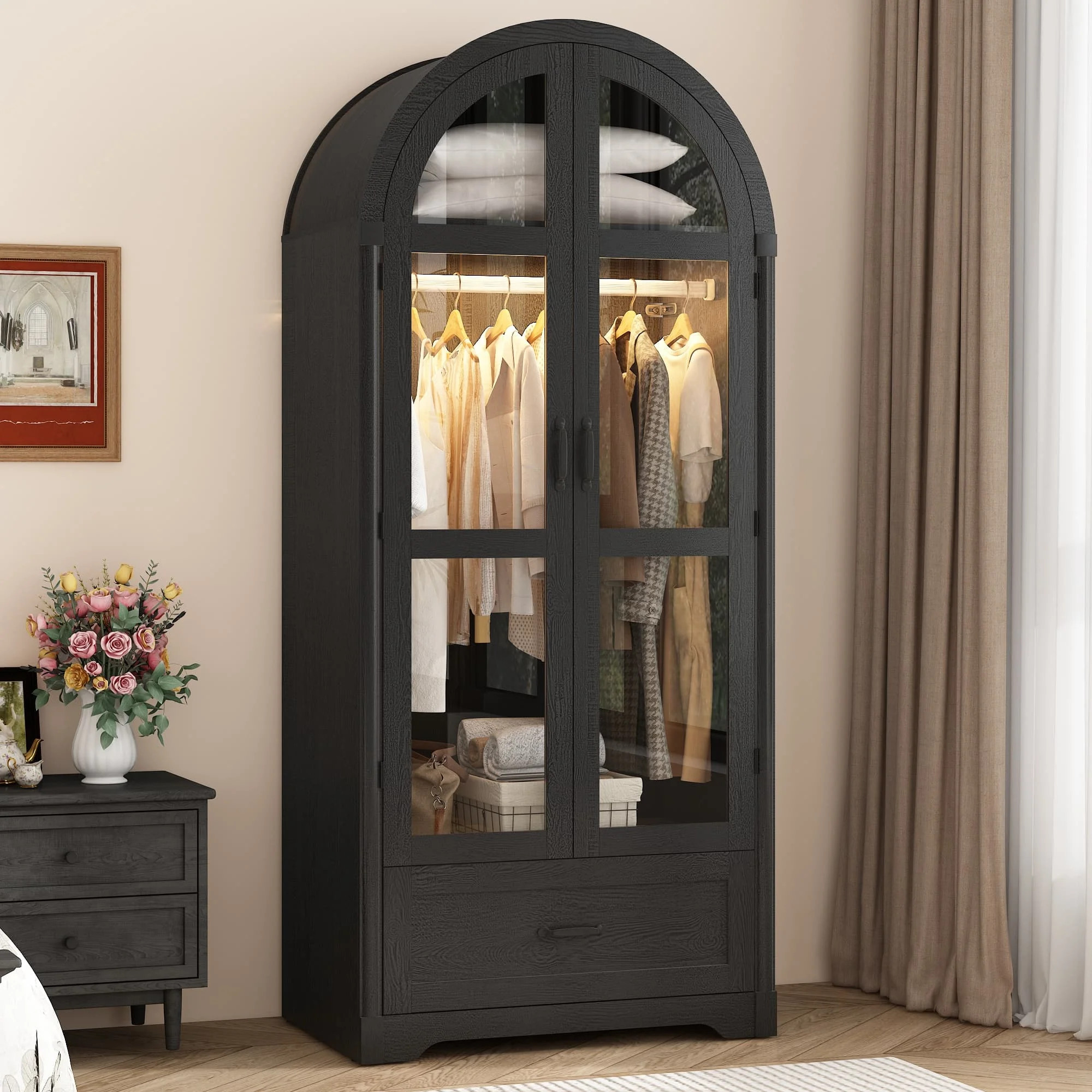 71"H Arched Armoire Wardrobe Closet for Bedroom w/ Glass Door & LED Sensor Light, Wooden Wardrobe... | Walmart (US)