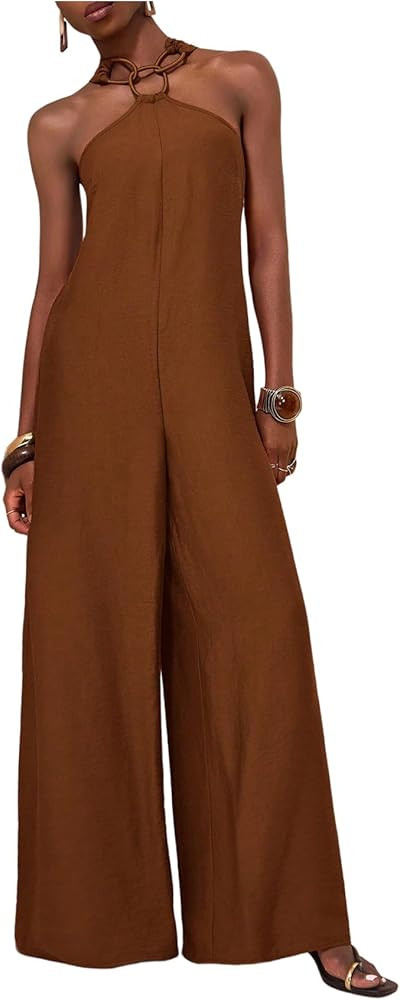 OYOANGLE Women's Ring Linked Sleeveless Halter Jumpsuits Loose Tie Back Wide Leg Dressy Jumpsuit | Amazon (US)