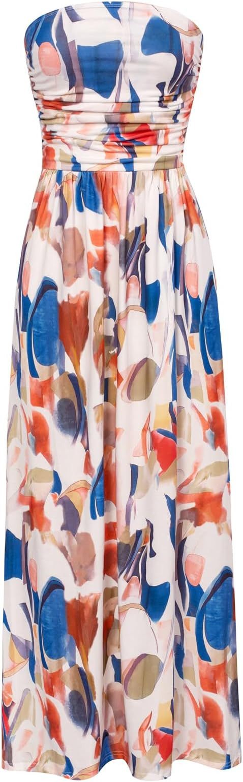GRACE KARIN Women Strapless Dress Casual Loose Ruched Long Maxi Dress with Pockets | Amazon (US)