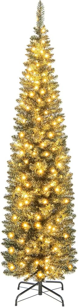 Goplus 6ft Pre-Lit Pencil Christmas Tree, Artificial Slim Xmas Tree with 180 Warm-White LED Light... | Amazon (US)