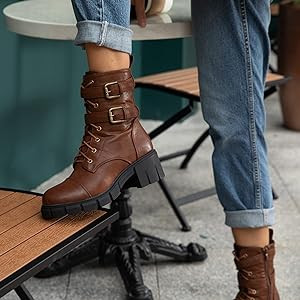 Hawkwell Women's Combat Boots Zipper Buckle Chunky Heel Ankle Booties | Amazon (CA)